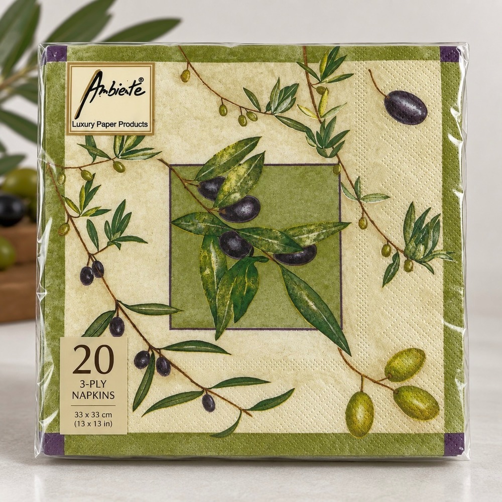 Ambiente Tuscan Olive Branch Paper Napkins 20ct 3-Ply Mediterranean Made Holland